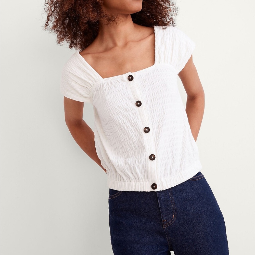 Madewell Crinkle-Knit Button-Front White Tank Top